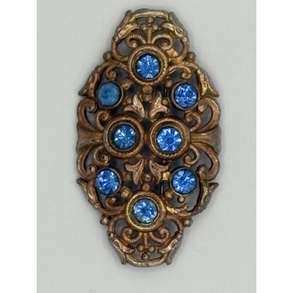 Antique Victorian Gilded Brass  Blue Glass Pin Brooch‎ C-clasp